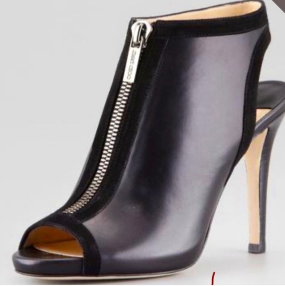 Jimmy Choo Mayva Bootie Black Leather Peep-Toe Zip-Heel Mule